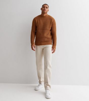 Mens Chunky Crew Neck Jumper - light brown pebble