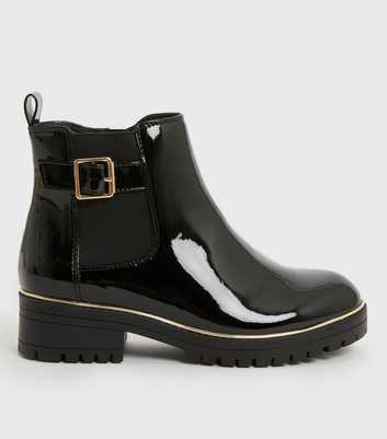 Wide Fit Black Patent Buckle Chunky Chelsea Boots