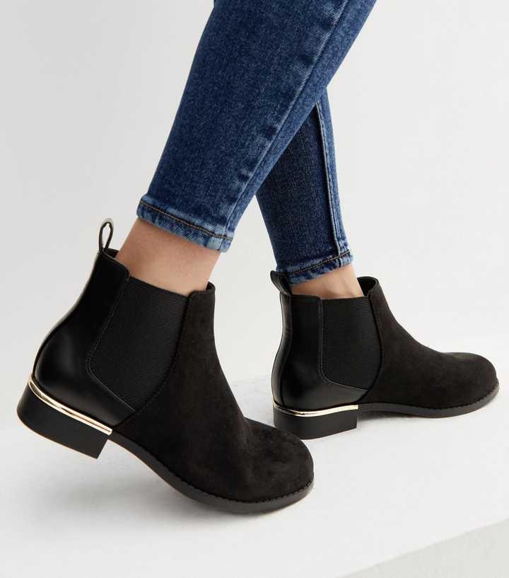 Wide Fit Black Suedette Elasticated Metal Trim Chelsea Boots | New Look