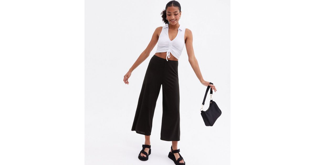 Black Ribbed High Waist Crop Trousers | New Look