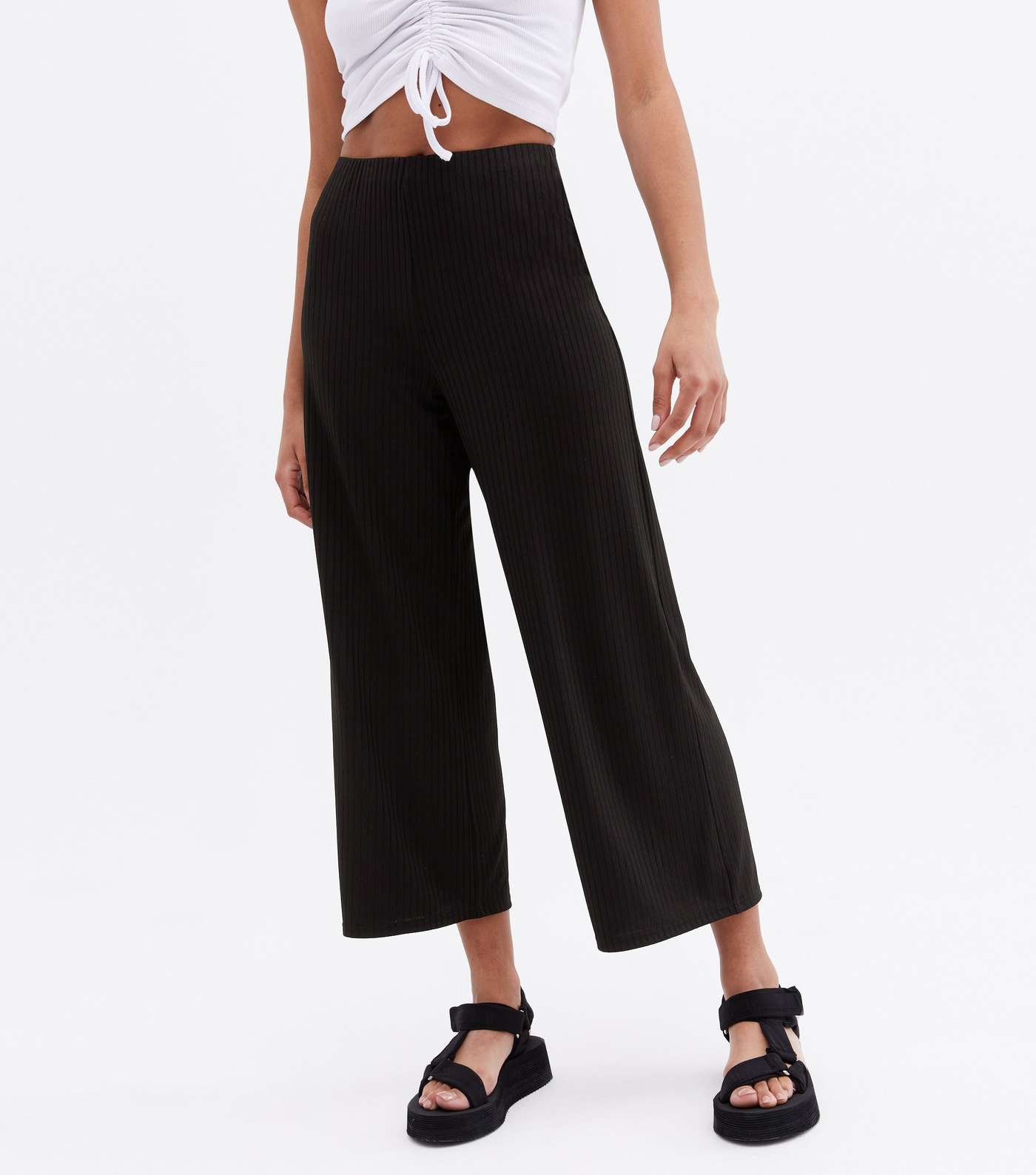 Black Ribbed High Waist Crop Trousers Image 2