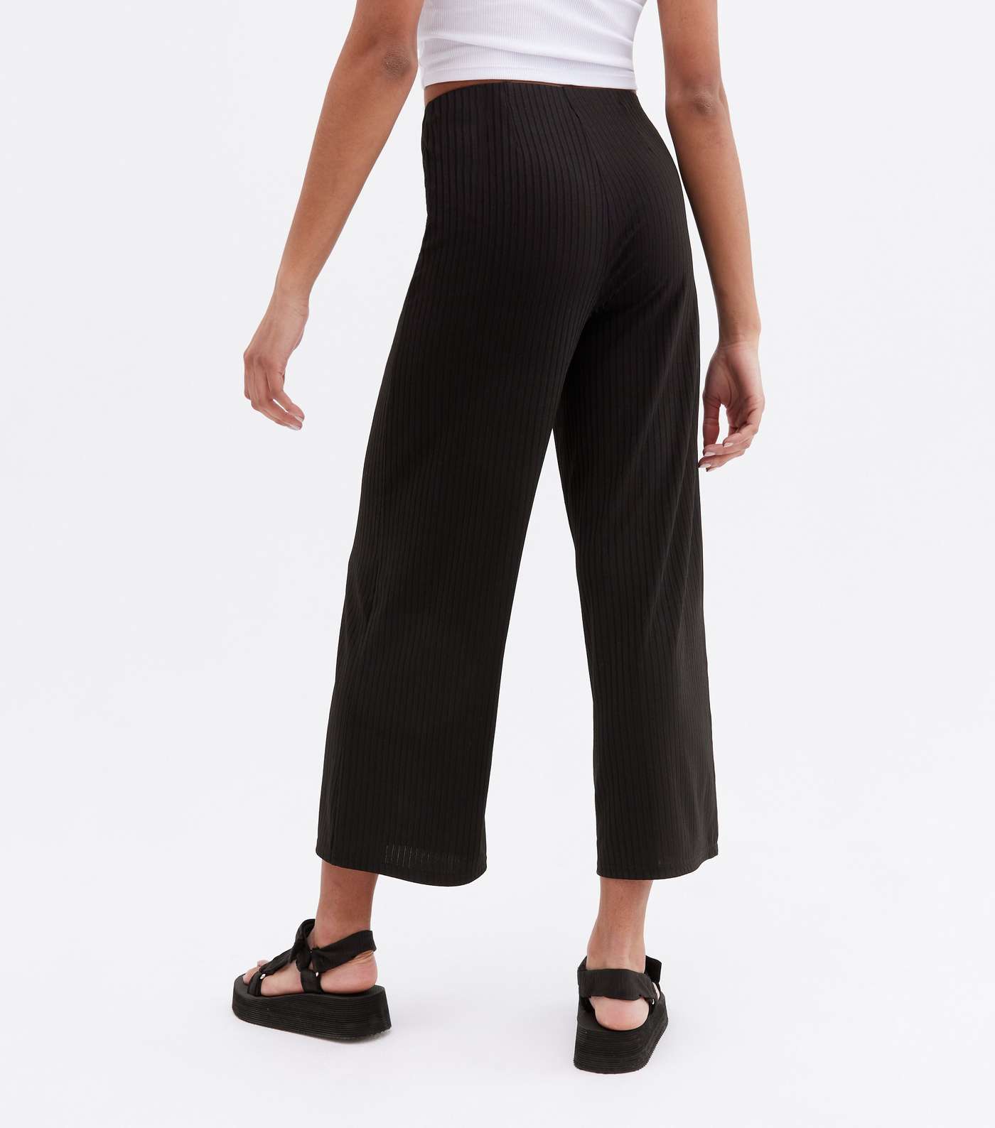 Black Ribbed High Waist Crop Trousers Image 4