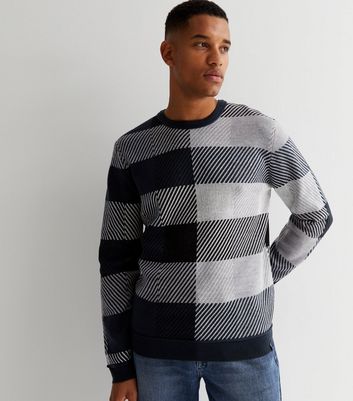 Only & Sons Navy Stripe Check Crew Neck Jumper