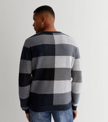 Sons Navy Stripe Check Crew Neck Jumper 