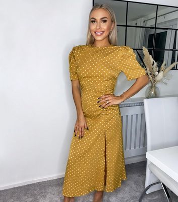 AX Paris Mustard Spot Puff Sleeve Midi 