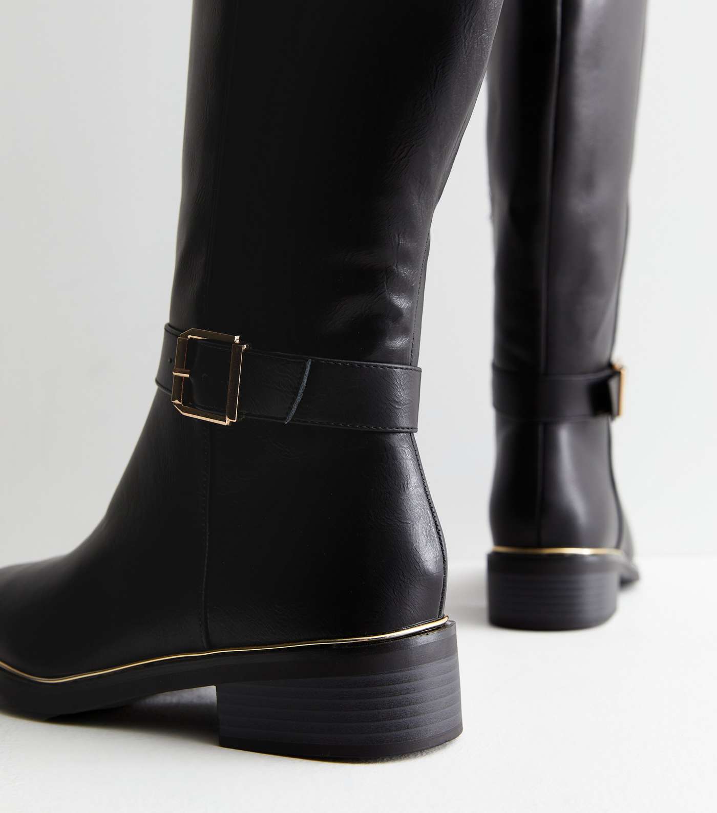 Wide Fit Black Buckle Knee High Riding Boots Image 3