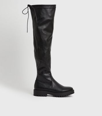 Black Leather-Look Chunky Knee High Boots