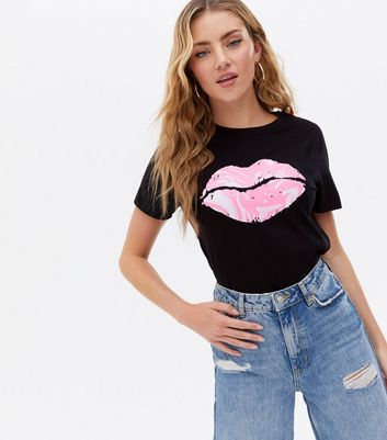 Black Marble Lips T-Shirt | New Look