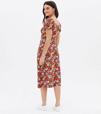 Click to view product details and reviews for Blue Vanilla Black Floral Ruched Midi Dress New Look.