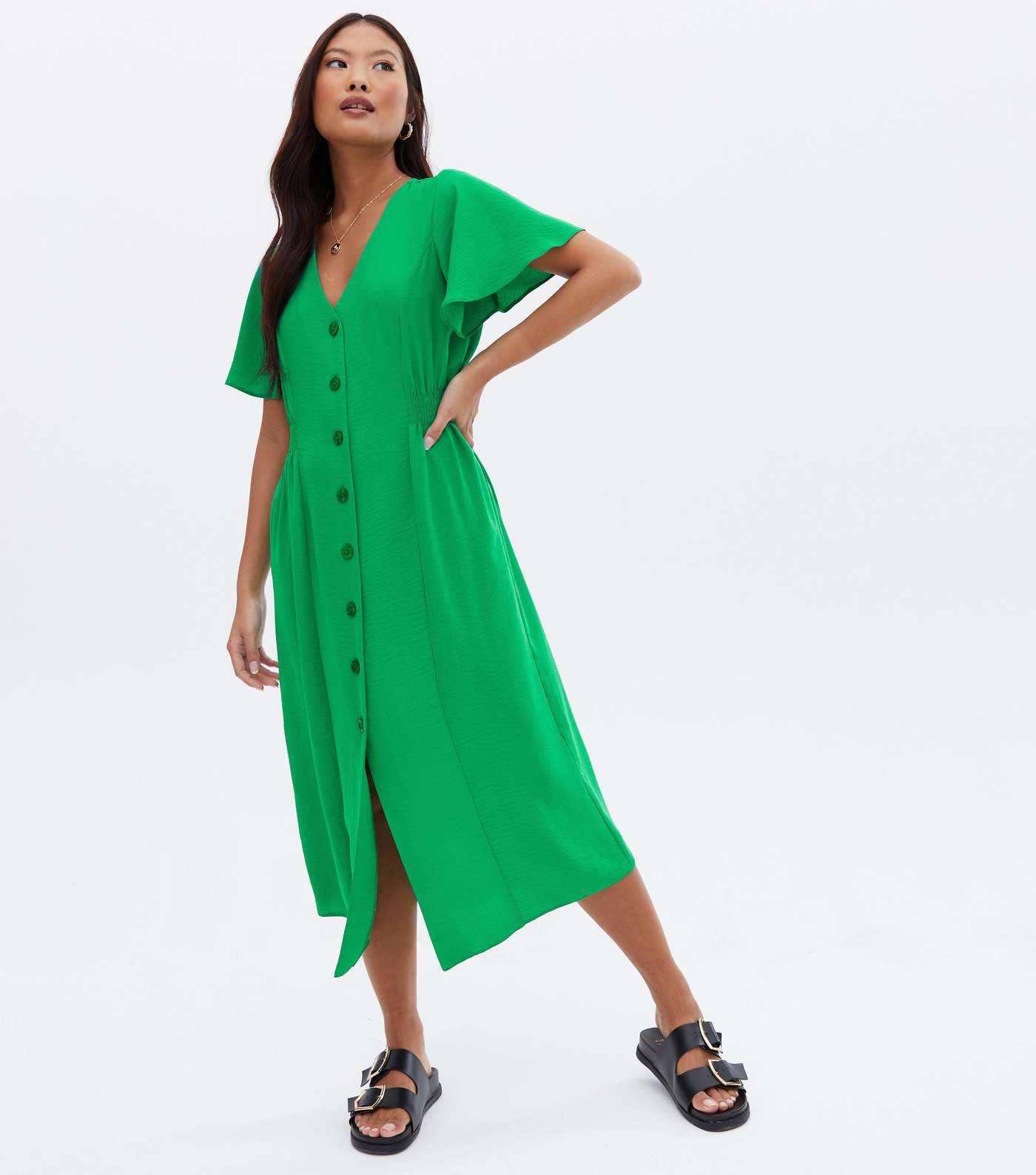 Petite Green Button Front Midi Dress
