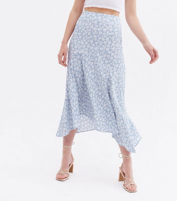 Blue Vanilla Blue Floral Asymmetric Midi Skirt New Look