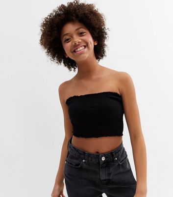 Girls Black Shirred Bandeau Top
