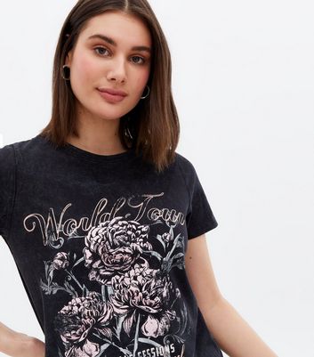 Black Acid Wash Floral Logo T-Shirt 
