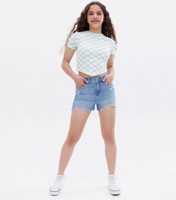 Girls Pale Blue Denim Ripped Frayed Hem 