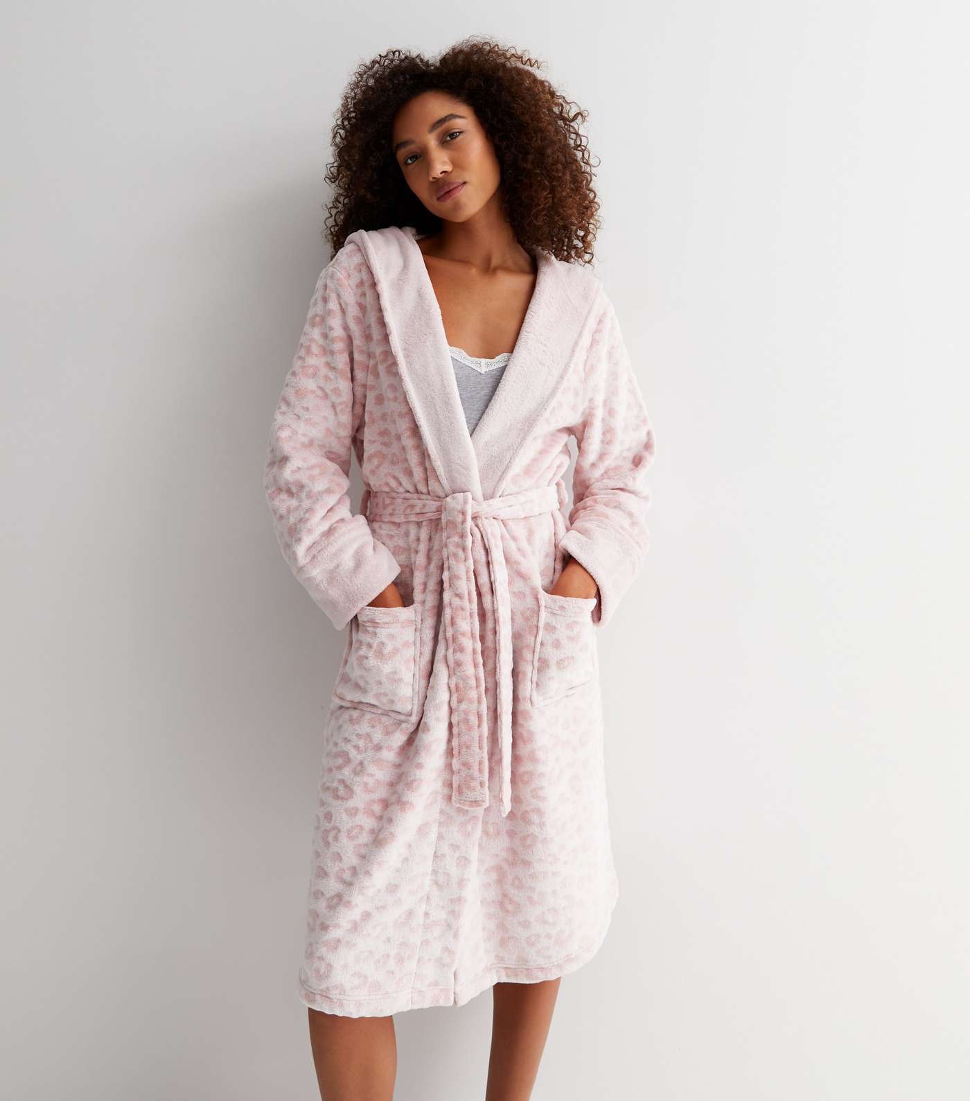 Pink Leopard Print Fluffy Hooded Dressing Gown Image 3