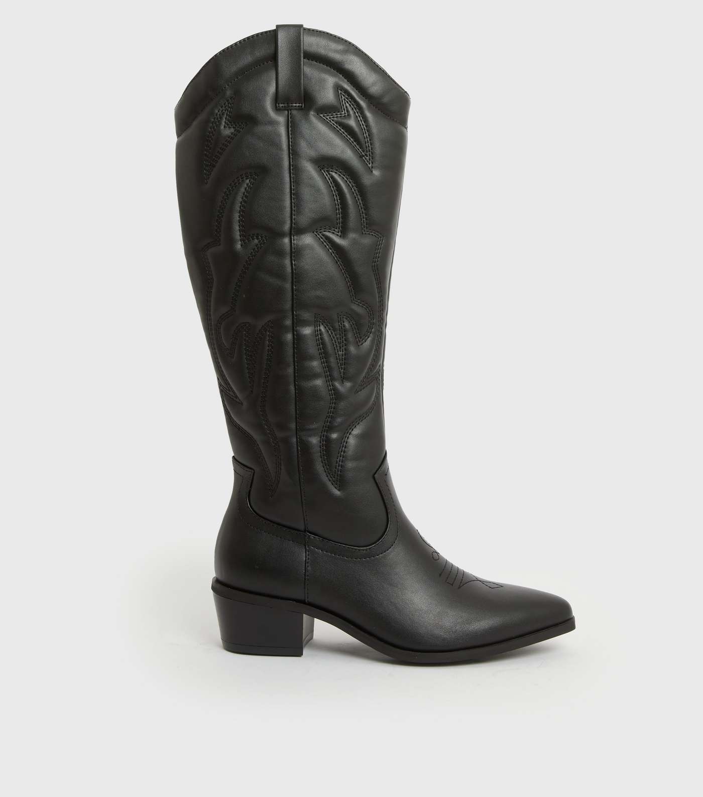 Black High Leg Block Heel Cowboy Boots