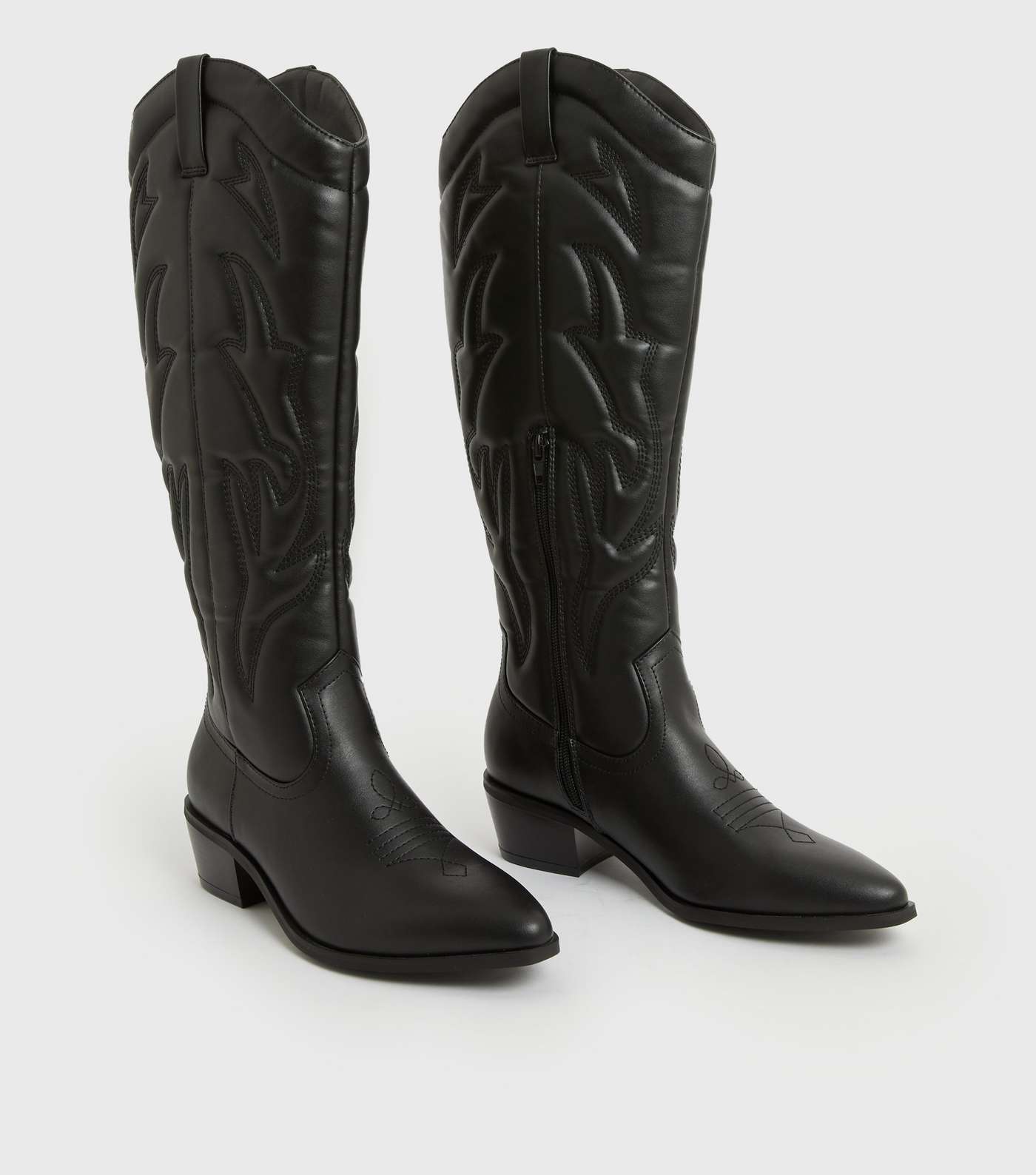 Black High Leg Block Heel Cowboy Boots Image 3