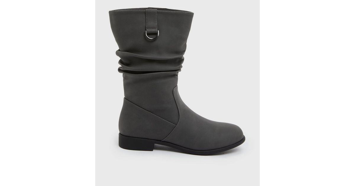Black Leather-Look Mid Calf Slouchy Boots