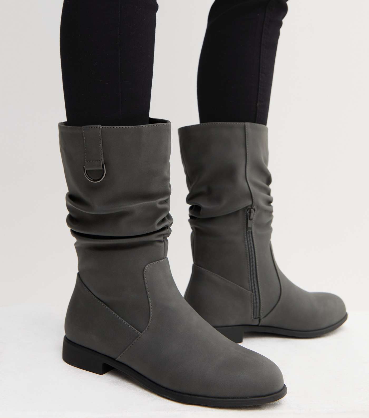 Grey Leather-Look Mid Calf Slouch Boots Image 2