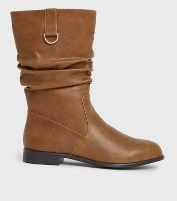 Tan Leather-Look Mid Calf Slouch Boots