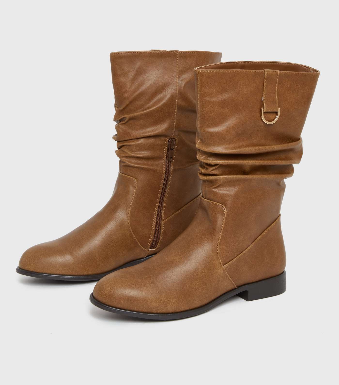 Tan Leather-Look Mid Calf Slouch Boots Image 3