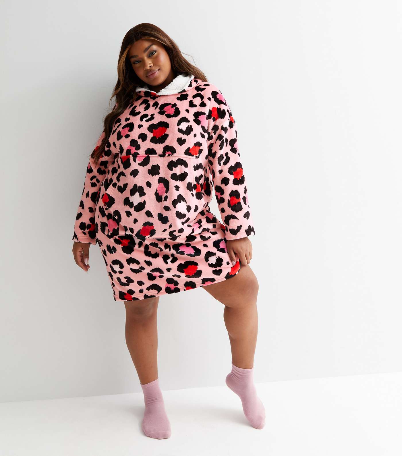 Curves Pink Leopard Print Fleece Oversized Blanket Hoodie