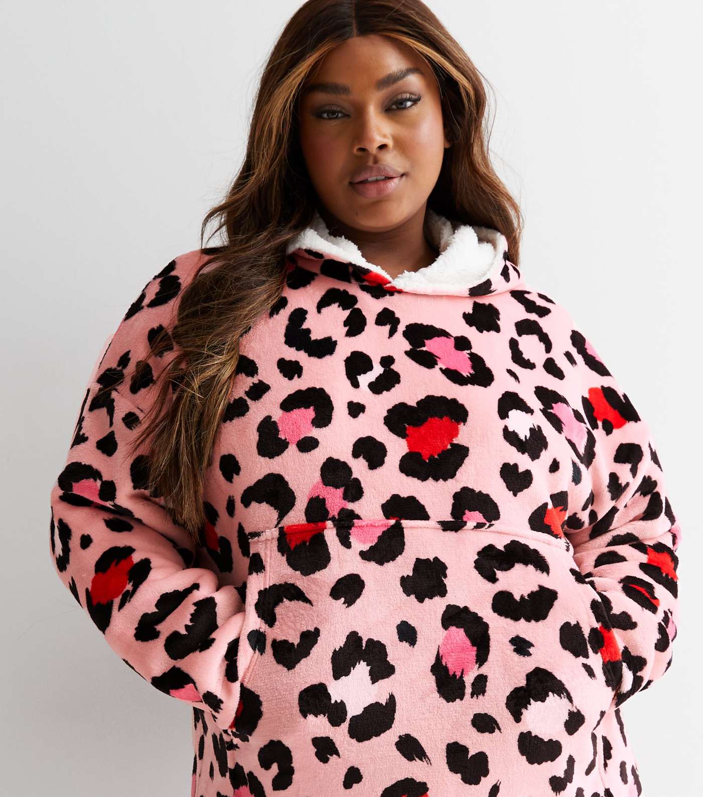 Curves Pink Leopard Print Fleece Oversized Blanket Hoodie Image 3
