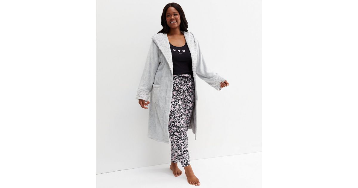 Curves Pale Grey Fluffy Leopard Print Trim Hooded Dressing Gown New Look