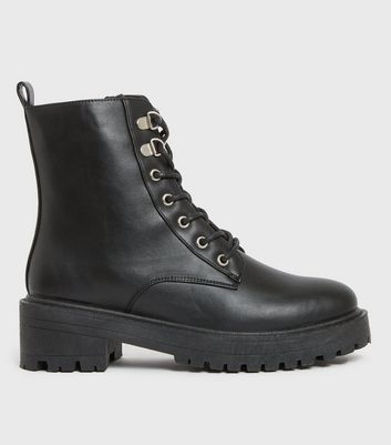Girls Black Lace Up Chunky Biker Boots