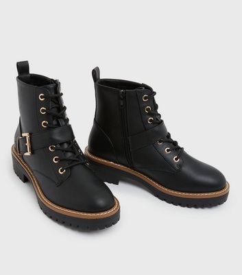 Girls Black Chunky Lace Up Buckle Biker Boots