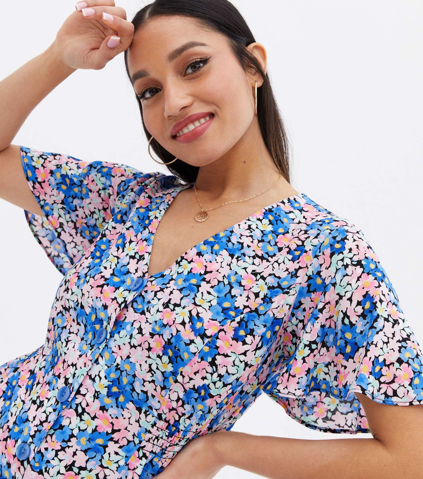 Petite Blue Floral Shirred Midi Shirt Dress Image 2