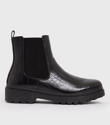 Girls Black Faux Croc Chunky Cleated Chelsea Boots