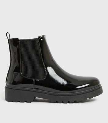 Girls Black Patent Chunky Chelsea Boots