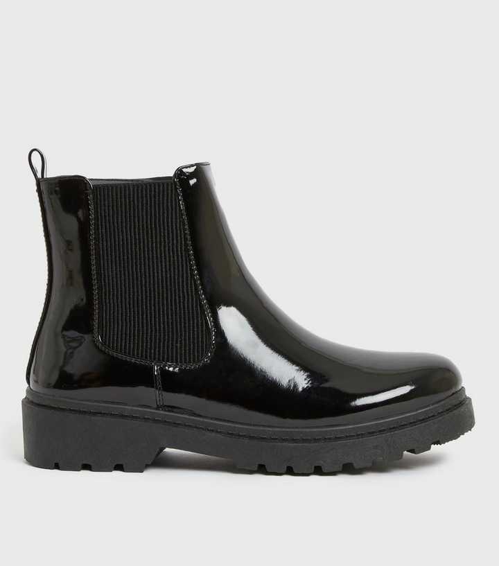 Girls Black Patent Chunky Chelsea Boots New Look
