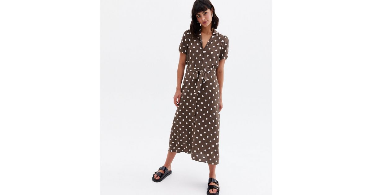 Brown Spot Belted Midi Shirt Dress | New Look
