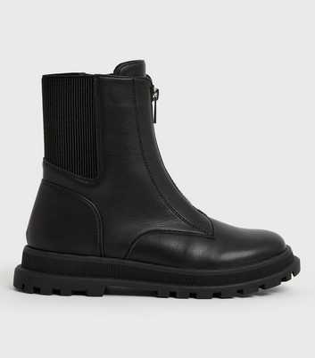 Girls Black Zip Front Cleated Chunky Boots