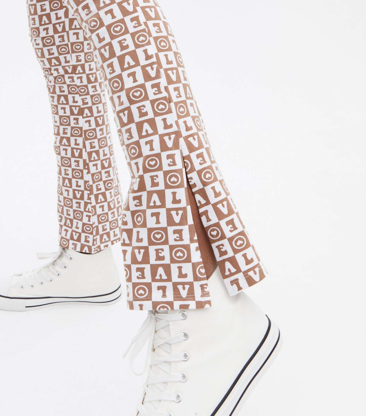 Girls Brown Checkerboard Love Logo Split Hem Flared Trousers Image 3