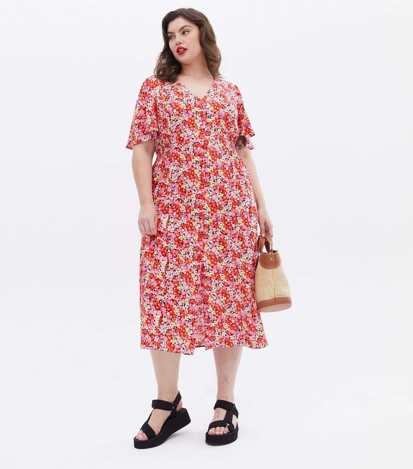 Curves Red Floral Button Front Midi Dress