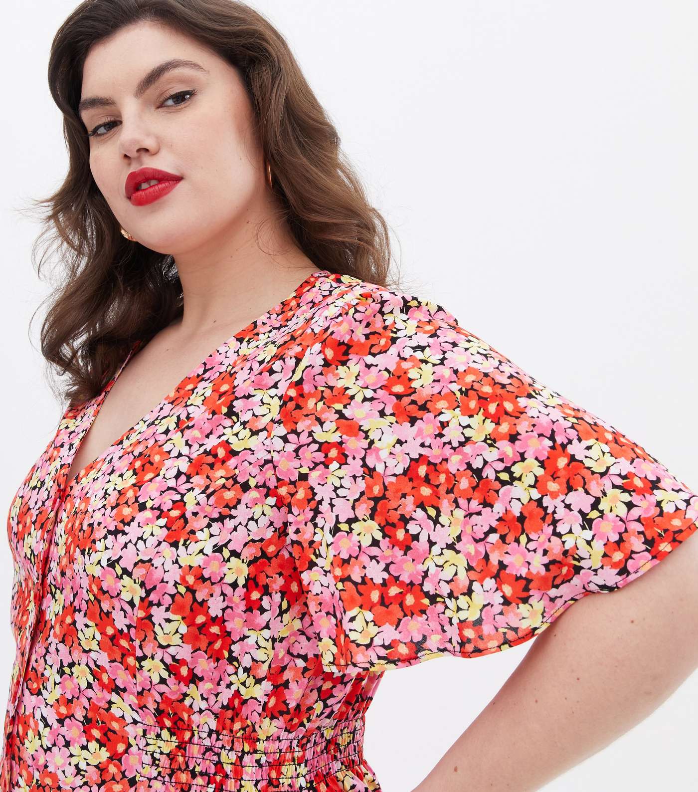 Curves Red Floral Button Front Midi Dress Image 3