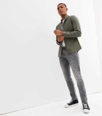Men's Jack & Jones Grey Ripped Slim Fit Jeans New Look