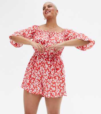Curves Red Floral Crepe Square Neck Playsuit