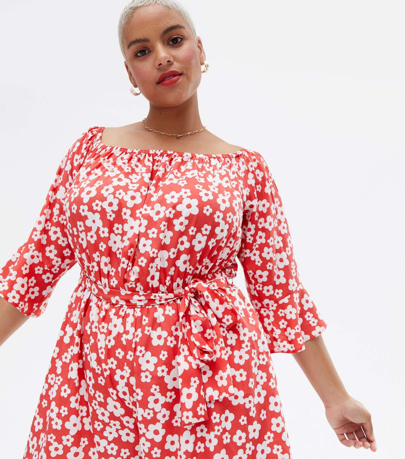 Curves Red Floral Crepe Square Neck Playsuit Image 2