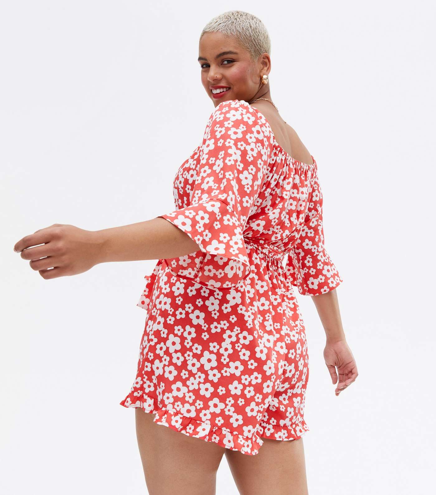 Curves Red Floral Crepe Square Neck Playsuit Image 4