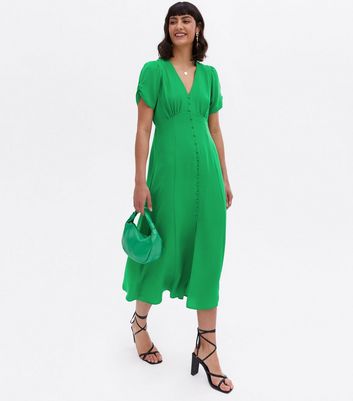 Green Button Front Split Hem Midi Tea Dress New Look