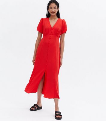 Damen Bekleidung Red Button Front Split Hem Midi Tea Dress