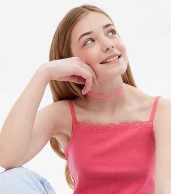 Girls Pink Ribbed Lace Trim Cami