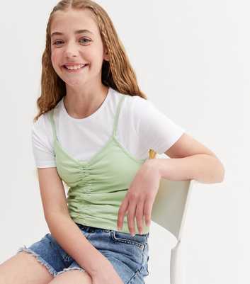 Girls Light Green Ribbed Ruched 2 in 1 Cami Top