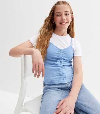 Girls Blue Ribbed Ruched 2 in 1 Cami Top