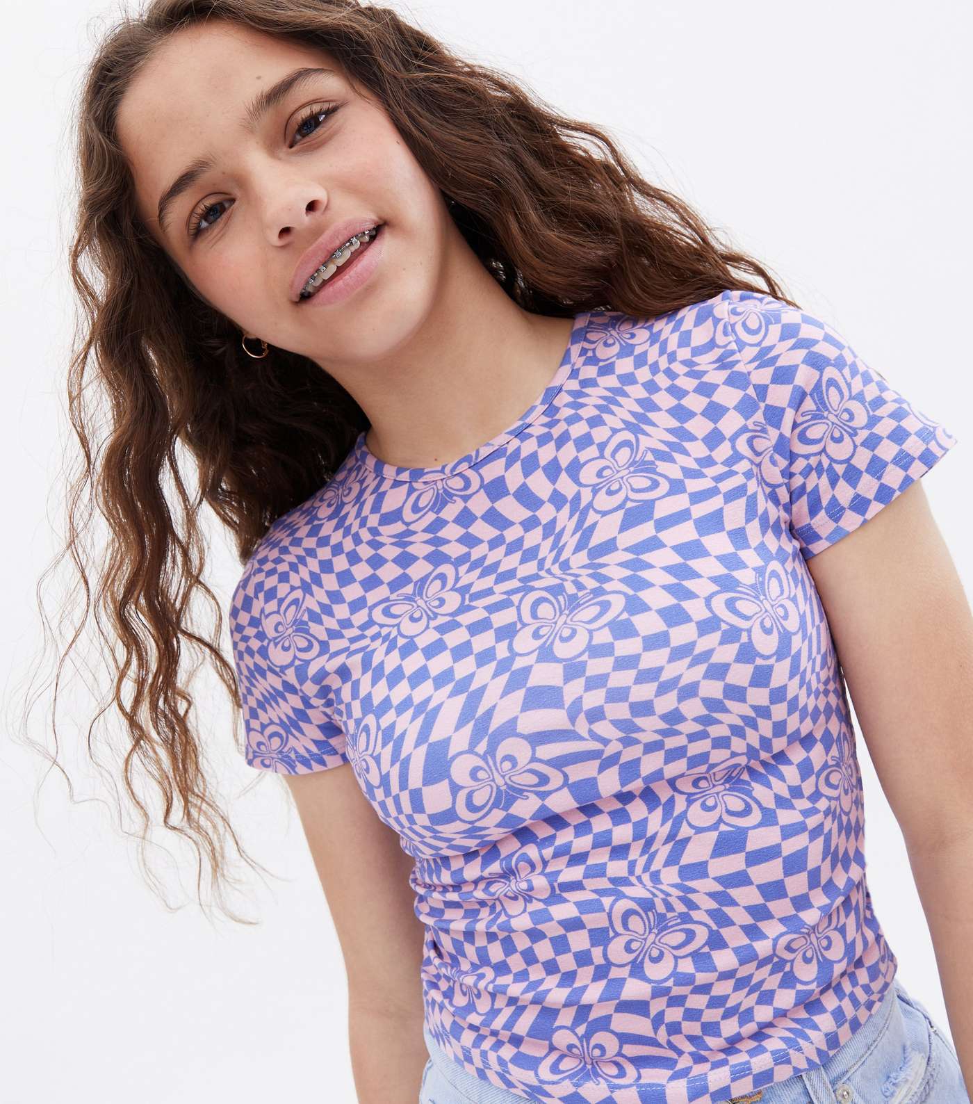 Girls Pink Butterfly Checkerboard T-Shirt Image 3