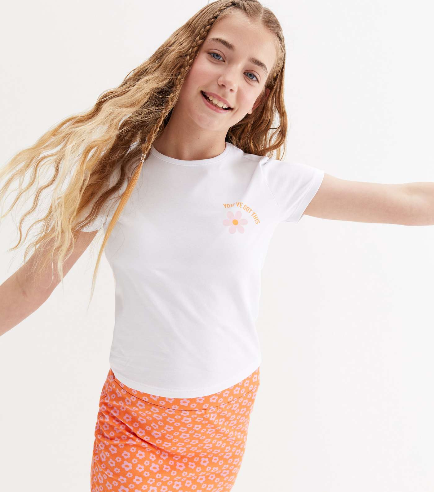 Girls Orange Floral Logo T-Shirt and Skirt Set